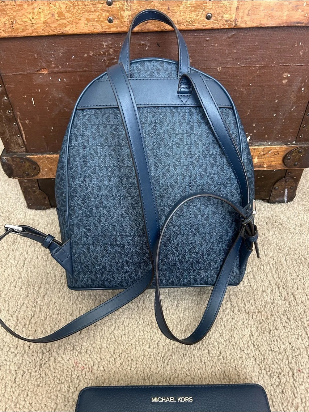 Michael Kors Navy MK Logo Backpack with Matching Wallet